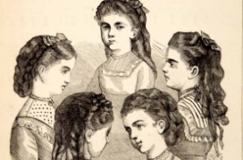 Teenage girls in Victorian fashion engraving Teenage girls in Victorian fashion engraving